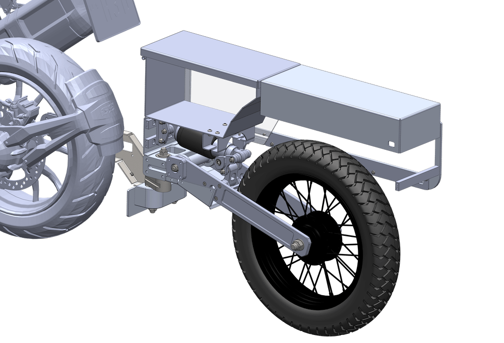 A cut-away side view of the Pasq ADV1 single-wheel motorcycle trailer.