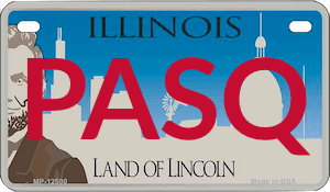 An IL fake license plate with PASQ written on it.